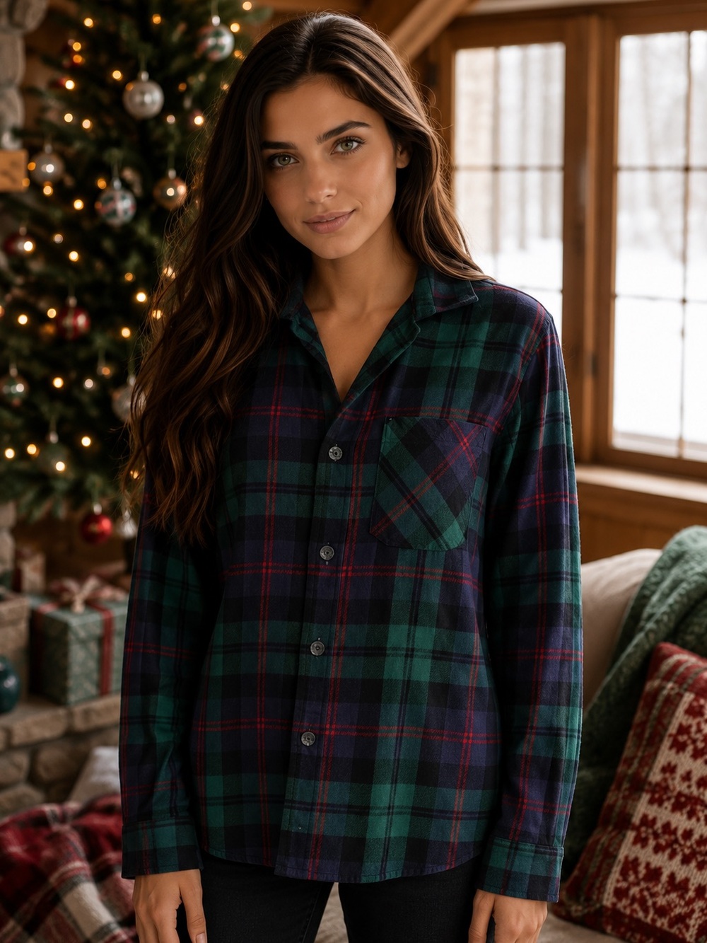 Old Navy Women's Plaid Button Down Shirt - Green and Navy